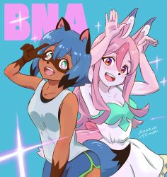 Rule 34 | 2girls, :d, animal ears, arms up, blue background, blue hair, blue shorts, brand new animal, commentary request, copyright name, dated, fang, fox ears, fox girl, fox tail, furry, furry female, green eyes, hair between eyes, highres, hiwatashi nazuna, kagemori michiru, long hair, looking at viewer, multicolored hair, multiple girls, open mouth, pink hair, raccoon ears, raccoon girl, raccoon tail, red eyes, short hair, shorts, smile, streaked hair, tail, teeth, tsunemoku, upper teeth only, v