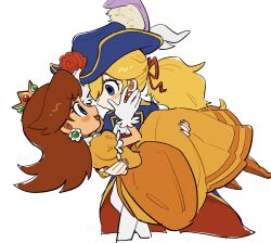 2girls ascot blonde_hair blue_eyes brown_hair dress earrings flower flower_earrings hat hat_feather hat_flower highres holding jewelry long_hair mario_(series) mimimi_(mimimim9999) multiple_girls nintendo official_alternate_costume pants princess_daisy princess_peach princess_peach:_showtime! red_flower rose simple_background smile sphere_earrings swordfighter_peach weapon white_ascot white_background white_pants yuri