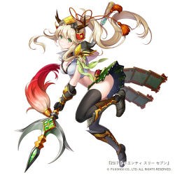 Rule 34 | 1girl, 23/7, armor, black footwear, black gloves, black thighhighs, blonde hair, breasts, cleavage, copyright name, full body, gloves, greaves, green eyes, green skirt, hair ornament, holding, holding weapon, horns, long hair, medium breasts, ne-on, official art, polearm, sidelocks, simple background, skirt, smile, solo, standing, tassel, thighhighs, trident, very long hair, watermark, weapon, white background