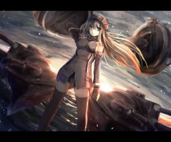 Rule 34 | 10s, 1girl, arm behind head, armband, bare shoulders, bismarck (kancolle), blonde hair, blue eyes, breasts, cloud, cloudy sky, cross, elbow gloves, gloves, grey thighhighs, hat, highres, impossible clothes, iron cross, kantai collection, letterboxed, light particles, long hair, looking at viewer, machinery, military, military uniform, ocean, outdoors, peaked cap, shirotaso0818, sky, sleeveless, solo, sun, sunset, thighhighs, turret, uniform, wading, water