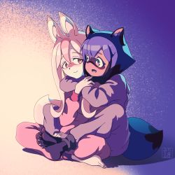 2girls absurdres animal_ears bad_id bad_pixiv_id blue_hair brand_new_animal commentary_request fox_ears fox_girl fox_tail furry furry_female furry_with_furry highres hiwatashi_nazuna hug hug_from_behind huge_filesize kagemori_michiru long_hair looking_at_another michirutnk multiple_girls open_mouth pink_hair raccoon_ears raccoon_girl raccoon_tail sharp_toenails short_hair simple_background sitting smile tail toenails yuri