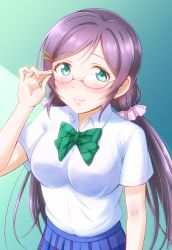 Rule 34 | 10s, 1girl, adjusting eyewear, aqua eyes, bespectacled, blush, bow, bowtie, bra, breasts, ckst, collared shirt, glasses, green bow, green eyes, hair ornament, hairpin, hand on eyewear, highres, long hair, looking at viewer, love live!, love live! school idol festival, love live! school idol project, purple hair, school uniform, see-through, shirt, short sleeves, smile, solo, tojo nozomi, twintails, underwear, white shirt
