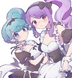 Rule 34 | 2girls, apron, black bow, black dress, black hairband, blue eyes, blue hair, blush, bow, breasts, choker, cleavage, closed mouth, commentary request, corset, detached sleeves, dress, dual persona, frilled choker, frills, frown, hair bun, hairband, highres, junon (pripara), long hair, looking at viewer, maid, multicolored hair, multiple girls, nojima minami, pink hair, pinon (pripara), pretty series, pripara, puffy short sleeves, puffy sleeves, purple hair, red eyes, short sleeves, side ponytail, sidelocks, simple background, single hair bun, small breasts, streaked hair, sweatdrop, white apron, white background, wrist cuffs