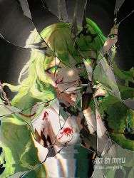 Rule 34 | 1girl, :d, artist name, bandaged arm, bandages, black dress, black gloves, blood, blood on breasts, blood on face, broken mirror, crack, crown, different reflection, dress, glitch, gloves, glowing, glowing eye, green eyes, green hair, highres, honkai (series), honkai impact 3rd, long hair, looking at viewer, mirror, mobius (honkai impact), open mouth, rain marginals (rainymi), reflection, sleeveless, sleeveless dress, smile, solo, twitter username, wavy hair