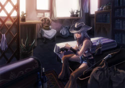Rule 34 | 1girl, arrow (projectile), black gloves, blue eyes, blue hair, book, bookshelf, bottle, bow (weapon), breasts, c&amp;l, cactus, cleavage, closed mouth, cowboy hat, gloves, hat, highres, looking away, medium breasts, navel, original, partially fingerless gloves, plant, potted plant, short hair, sitting, solo, weapon, wine bottle