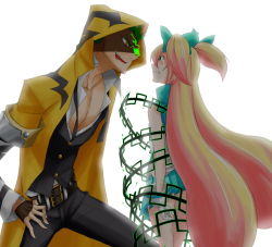 Rule 34 | 1boy, 1girl, angry, arc system works, bare shoulders, blazblue, blonde hair, bow, clenched teeth, evil smile, fingerless gloves, gloves, green eyes, green hair, hair bow, height difference, hood, junkyo94, long hair, looking at another, open mouth, ouroboros, platinum the trinity, quad tails, restrained, shaded face, skirt, smile, spiked hair, tears, teeth, very long hair, white background, yellow eyes, yuuki terumi