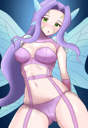 Rule 34 | 1girl, ass, curvy, digimon, digimon (creature), fairimon, fairy, fairy wings, female focus, gloves, highres, long hair, looking at viewer, mask, unworn mask, purple hair, revealing clothes, solo, thong, wide hips, wings