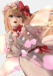 Rule 34 | 1girl, absurdres, blonde hair, blue eyes, bow, bowtie, capelet, cherry blossoms, commentary request, cowboy shot, dress, eneshi, fairy, fairy wings, hands up, hat, hat bow, highres, lily white, long hair, long sleeves, looking at viewer, open mouth, red bow, red bowtie, solo, touhou, very long hair, white capelet, white dress, white hat, wings