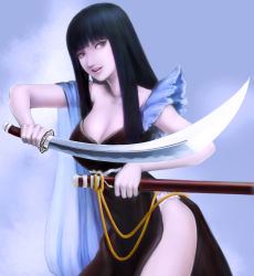 Rule 34 | 1girl, black dress, black hair, breasts, brown eyes, cleavage, cowboy shot, dress, female focus, formal, highres, hime cut, holding, holding sword, holding weapon, katana, large breasts, lips, long hair, looking at viewer, nose, open mouth, original, panties, realistic, scabbard, sheath, side slit, smile, solo, standing, sword, underwear, weapon, yukinoboo