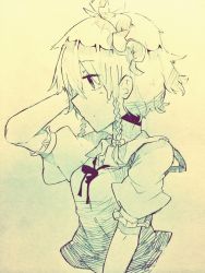 Rule 34 | 1girl, arm at side, arm garter, bad id, bad pixiv id, blouse, braid, colored pencil (medium), from side, hair between eyes, hand on own head, izayoi sakuya, looking down, maid headdress, messy hair, puffy short sleeves, puffy sleeves, satoukouki, shirt, short hair, short sleeves, solo, touhou, traditional media, twin braids