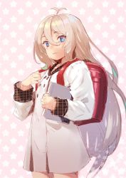 Rule 34 | 1girl, antenna hair, backpack, bag, blonde hair, blue eyes, buttons, closed mouth, cowboy shot, double-breasted, dress, hair between eyes, highres, karochii, kokkoro (real) (princess connect!), light smile, long hair, long sleeves, looking at viewer, princess connect!, randoseru, sailor dress, smile, solo, star (symbol), starry background, unmoving pattern, very long hair, white dress
