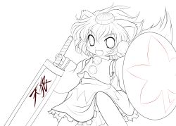 Rule 34 | 1girl, absurdres, animal ears, chibi, detached sleeves, fang, fangs, female focus, hat, highres, inubashiri momiji, lineart, looking at viewer, monochrome, open mouth, shield, short hair, skirt, smile, solo, sword, tail, tokin hat, touhou, transparent background, weapon, wolf ears, wolf tail, yume shokunin