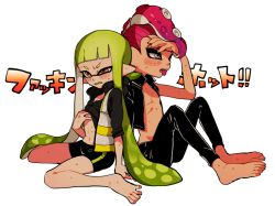 Rule 34 | 1boy, 1girl, agent 3 (splatoon), agent 8 (splatoon), asymmetrical sleeves, back-to-back, barefoot, bike shorts, black jacket, black pants, black shorts, blunt bangs, clothes lift, colored tongue, commentary, fang, frown, green hair, green tongue, grey eyes, grimace, hairband, half-closed eyes, inkling, inkling girl, inkling player character, jacket, kuso atsui (meme), lifted by self, long hair, mohawk, navel, nintendo, no shirt, octoling, octoling boy, octoling player character, open clothes, open jacket, open vest, orange eyes, pants, parted lips, pointy ears, red hairband, shirt lift, shorts, simple background, single vertical stripe, sitting, sleeves rolled up, splatoon (series), splatoon 1, splatoon 2, splatoon 2: octo expansion, squidbeak splatoon, suction cups, sweat, symbol-only commentary, tentacle hair, tongue, tongue out, translated, uneven sleeves, vest, wariza, white background, yellow vest, yeneny