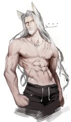 Rule 34 | 1boy, abs, arknights, beard, black pants, casual, cropped legs, enn matien, facial hair, feather hair, frown, hellagur (arknights), highres, jewelry, long hair, looking at viewer, male focus, mature male, navel, necklace, nipples, pants, scar, scar on chest, solo, stomach, toned, toned male, tooth necklace, topless male, track pants, unfinished, yellow eyes