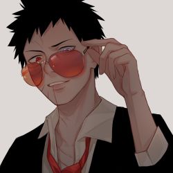 Rule 34 | 1boy, adjusting eyewear, aviator sunglasses, black hair, black jacket, collarbone, collared shirt, datomato, highres, jacket, looking to the side, male focus, naruto (series), naruto shippuuden, necktie, parted lips, portrait, red necktie, rinnegan, scar, scar on face, sharingan, shirt, short hair, sleeves rolled up, smirk, solo, spiked hair, sunglasses, uchiha obito, white shirt