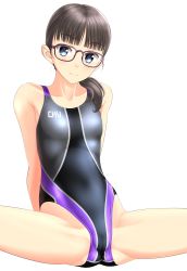 Rule 34 | 1girl, absurdres, black hair, blue eyes, blunt bangs, cameltoe, clothes writing, competition swimsuit, cowboy shot, glasses, gluteal fold, hair over shoulder, highres, looking at viewer, multicolored clothes, multicolored swimsuit, one-piece swimsuit, original, simple background, sitting, solo, spread legs, swimsuit, takafumi, white background