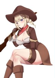 Rule 34 | 1girl, absurdres, alternate costume, alternate hairstyle, bandana, blonde hair, blush, boots, braid, braided ponytail, breasts, brown coat, brown footwear, brown hat, capelet, cherry blossom print, cleavage, coat, commentary, cowboy boots, cowboy hat, cowgirl (western), embarrassed, english commentary, floral print, hat, highres, hololive, hololive english, invisible chair, large breasts, leaning forward, mole, mole on breast, mouth hold, red bandana, shirt, short hair, sitting, skaarl (artist), solo, stalk in mouth, thigh strap, toy gun, underbust, virtual youtuber, watson amelia, white shirt