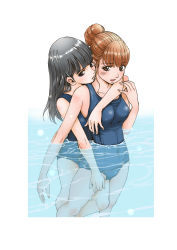 Rule 34 | 2girls, absurdres, arm over shoulder, black hair, blue eyes, blue one-piece swimsuit, blunt bangs, border, breasts, brown hair, cameltoe, caustics, covered navel, dripping, hair bun, hair ornament, hairclip, hand on another&#039;s thigh, highres, hug, hug from behind, katayama makoto, leg between thighs, long hair, looking at viewer, multiple girls, nib pen (medium), old school swimsuit, one-piece swimsuit, open mouth, original, parted lips, partially submerged, school swimsuit, sidelocks, single hair bun, small breasts, standing, swimsuit, traditional media, water, wet, yuri