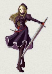 Rule 34 | 1girl, black footwear, black pantyhose, blonde hair, breasts, brown eyes, catiua powell, dress, full body, gloves, grey background, hand on own hip, hat, highres, holding, holding weapon, holster, jewelry, long hair, medium breasts, medium dress, necklace, pantyhose, red gloves, satori ill, side slit, solo, sword, tactics ogre, weapon