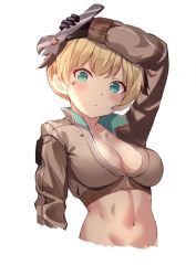 Rule 34 | 1girl, bad id, bad twitter id, blonde hair, blush, breasts, cleavage, collarbone, fate/grand order, fate (series), gareth (fate), gloves, green eyes, highres, jacket, large breasts, long sleeves, looking at viewer, short hair, simple background, solo, spider apple, white background, wrench