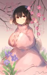 Rule 34 | 1girl, ahoge, animal ears, bad id, bad pixiv id, blurry, blurry foreground, blush, branch, brown background, brown hair, closed mouth, commentary request, depth of field, dress, flower, hair between eyes, hands in opposite sleeves, highres, inaba tewi, long sleeves, looking at viewer, pink dress, pink flower, purple flower, rabbit ears, rabbit girl, rabbit tail, red eyes, smile, solo, tail, touhou, tsukiori, violet (flower), wide sleeves