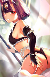 Rule 34 | 1girl, absurdres, ass, bare shoulders, bob cut, breasts, butt crack, collarbone, eyeliner, fate/grand order, fate (series), highres, horns, looking at viewer, maid, makeup, okoru ringo, oni, panties, purple eyes, purple hair, short hair, shuten douji (fate), skin-covered horns, small breasts, solo, thighhighs, underwear