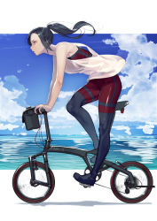 Rule 34 | 1girl, absurdres, bare shoulders, bicycle, black eyes, black hair, blue sky, braid, cloud, cloudy sky, contrail, ears visible through hair, eyelashes, folding bicycle, highres, kyo (kuroichigo), long hair, ocean, open mouth, original, pink lips, ponytail, see-through, skin tight, sky, solo, sportswear, tight clothes