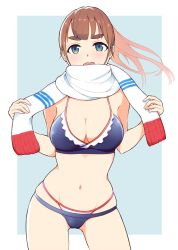 Rule 34 | 1girl, :d, bikini, blue background, blue bikini, border, breasts, brown hair, cleavage, contrapposto, cowboy shot, double bikini, green eyes, hands up, hi iro, large breasts, looking at viewer, navel, open mouth, original, round teeth, scarf, simple background, smile, solo, swimsuit, teeth, upper body, white border, white scarf