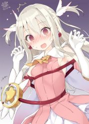 Rule 34 | +++, 1girl, :d, @ @, blush, breasts, detached sleeves, earrings, fate/kaleid liner prisma illya, fate (series), flying sweatdrops, gloves, gradient background, grey hair, hair between eyes, hair ornament, illyasviel von einzbern, jewelry, kani biimu, long hair, looking at viewer, magical girl, magical ruby, nervous smile, nose blush, open mouth, parody, prisma illya, purple background, purple eyes, rei no himo, restrained, sidelocks, signature, small breasts, smile, solo, sweat, two side up, white gloves