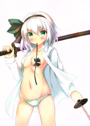 Rule 34 | 1girl, bad id, bad pixiv id, belly, blush, bow, bowtie, breasts, censored, collarbone, convenient censoring, dress shirt, dual wielding, female focus, gennsuikyou, green eyes, groin, hair ribbon, hairband, highres, holding, katana, konpaku youmu, looking at viewer, medium breasts, mouth hold, navel, no bra, no pants, open clothes, open shirt, panties, ribbon, shirt, short hair, silver hair, skindentation, solo, sword, touhou, underwear, weapon