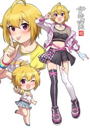 Rule 34 | 1girl, absurdres, ahoge, asymmetrical legwear, bare legs, black footwear, black shirt, black shorts, black skirt, black thighhighs, blonde hair, blush, bone hair ornament, breasts, chibi, choker, collarbone, commentary, crop top, fingerless gloves, fishnet top, fishnets, full body, garter straps, gloves, gyaru v, hair between eyes, hair flaps, hair ornament, hairclip, hand up, highres, ibuki tsubasa, idolmaster, idolmaster million live!, idolmaster million live! theater days, index finger raised, jacket, long sleeves, looking at viewer, midriff, miniskirt, multicolored wristband, multiple views, nail polish, navel, ngetyan, official alternate costume, open mouth, pink eyes, pink jacket, pink nails, pleated skirt, print shirt, purple choker, shirt, shoes, short hair, short shorts, short sleeves, shorts, sidelocks, single garter strap, single glove, skirt, skull choker, small breasts, smile, sneakers, standing, standing on one leg, striped clothes, striped skirt, thighhighs, tongue, tongue out, translation request, upper body, v, vertical-striped clothes, vertical-striped skirt, w, white background, white gloves, white shirt, white thighhighs, yellow sleeves