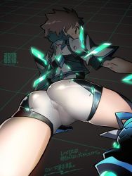 Rule 34 | 1boy, arm support, ass, ass focus, boots, brown eyes, brown hair, dated, grid, looking at viewer, looking back, male focus, neon trim, nintendo, on floor, perineum, rex (xenoblade), sasaki tomomi, short jumpsuit, short sleeves, skin tight, solo, xenoblade chronicles (series), xenoblade chronicles 2