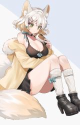 Rule 34 | 1girl, :x, animal ear fluff, animal ears, ass, bad id, bad pixiv id, bare shoulders, belt collar, black dress, black footwear, blue bow, blue ribbon, bow, breasts, collar, dress, fur-trimmed sweater, fur trim, green eyes, guinea pig, hair ornament, hairclip, highres, large breasts, large tail, long sleeves, medium hair, mid (gameshe), mole, mole on ass, mole on breast, off-shoulder, off-shoulder sweater, off shoulder, original, ribbed legwear, ribbon, shoes, silver hair, sitting, sleeves past wrists, smile, socks, solo focus, sweater, tail, thick eyebrows, white legwear, yellow sweater