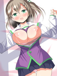 Rule 34 | 1girl, blush, bow, bow bra, bra, bra pull, breasts, breasts out, brown hair, clothes pull, cowboy shot, deego (omochi bazooka), green eyes, hair between eyes, highres, lactation, looking at viewer, lying, nipples, on back, open clothes, open mouth, open shirt, original, panties, pink bra, pink panties, school uniform, serafuku, shirt, side ponytail, solo, tears, underwear