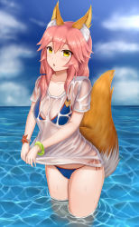 Rule 34 | 10s, 1girl, animal ears, bikini, blush, breasts, cameltoe, cleavage, collarbone, covered navel, cowboy shot, day, fate/extra, fate/grand order, fate (series), fox, fox ears, fox tail, highres, horizon, large breasts, long hair, looking at viewer, lychnussys, ocean, open mouth, outdoors, pink hair, see-through, side-tie bikini bottom, solo, standing, swimsuit, tail, tamamo (fate), tamamo no mae (fate/extra), tamamo no mae (swimsuit lancer) (fate), thighs, water, wet, wet clothes, yellow eyes