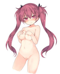 Rule 34 | 1girl, :t, blush, breasts, censored, closed mouth, collarbone, commentary request, covering privates, covering breasts, cropped legs, groin, hair between eyes, hands up, kurasuke, long hair, medium breasts, mosaic censoring, navel, nipple slip, nipples, nude, original, pout, red eyes, red hair, simple background, solo, twintails, very long hair, white background