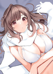 Rule 34 | 1girl, arms under breasts, bare shoulders, bed sheet, bikini, blush, breasts, brown hair, cleavage, closed mouth, crossed arms, from above, idolmaster, idolmaster shiny colors, koukoku, large breasts, long hair, looking at viewer, lying, on back, on bed, purple eyes, scarf, solo, swimsuit, tsukioka kogane, white bikini, white scarf