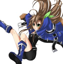 Rule 34 | 10s, 1girl, :o, arms up, blush, boots, bow, brown hair, dialclock, female focus, green eyes, hair bow, hair ornament, hands in opposite sleeves, highres, if (neptunia), jacket, long hair, long sleeves, looking at viewer, neptune (series), open clothes, open jacket, open mouth, solo