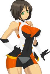 Rule 34 | 1girl, ahoge, aliasing, armor, bare shoulders, black hair, bodysuit, breasts, brown hair, cosplay, covered navel, cowboy shot, gauntlets, hand on own hip, honchan, impossible bodysuit, impossible clothes, large breasts, lowres, nchallenge, nchans, pixel art, power armor, senki zesshou symphogear, short hair, simple background, solo, standing, tachibana hibiki (symphogear), tachibana hibiki (symphogear) (cosplay), thighhighs, warner, white background