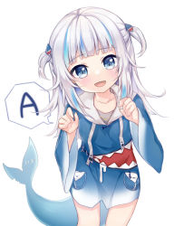 Rule 34 | 1girl, :d, a (phrase), blue eyes, blue hair, blue hoodie, blush, collarbone, drawstring, fins, fish tail, gawr gura, gawr gura (1st costume), hair ornament, hands up, head tilt, highres, hololive, hololive english, hood, hood down, hoodie, kiri sakura, long hair, long sleeves, looking at viewer, multicolored hair, open mouth, shark tail, sharp teeth, simple background, smile, solo, speech bubble, standing, streaked hair, tail, teeth, two side up, virtual youtuber, white background, white hair, wide sleeves