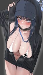 Rule 34 | 1girl, absurdres, baseball cap, bikini, black jacket, blue archive, blue eyes, blue hair, blue hat, blush, breasts, commentary, cowboy shot, grey background, hat, highres, hood, hooded jacket, hum455, jacket, large breasts, long hair, looking at viewer, mask, mouth mask, navel, parted lips, saori (blue archive), solo, standing, swimsuit, thighs, white bikini