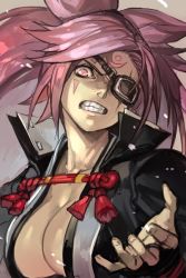 Rule 34 | 1girl, arc system works, baiken, black jacket, clenched teeth, eyepatch, fingernails, guilty gear, guilty gear xrd, high collar, hungry clicker, jacket, long hair, looking at viewer, no bra, one eye covered, open clothes, open jacket, pink eyes, pink hair, scar, scar across eye, scar on face, solo, tassel, teeth, upper body