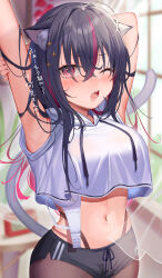Rule 34 | 1girl, ;o, absurdres, amahara subaru, animal ear fluff, animal ears, armpits, arms up, black hair, black shorts, blush, breasts, brown pantyhose, cat ears, highres, indoors, large breasts, long hair, looking at viewer, multicolored hair, navel, one eye closed, open mouth, original, pantyhose, purple hair, see-through, short shorts, shorts, solo, stomach, streaked hair, stretching, window