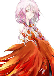 Rule 34 | 10s, 1girl, bare shoulders, blue eyes, breasts, center opening, cleavage, detached sleeves, fingerless gloves, gloves, guilty crown, hair ornament, hairclip, highres, long hair, looking at viewer, official art, pink hair, red eyes, red theme, redjuice, simple background, solo, twintails, white background, white theme, yuzuriha inori