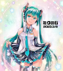 Rule 34 | 1girl, 39, black footwear, black skirt, black sleeves, blue eyes, blue hair, blue necktie, boots, commentary, detached sleeves, grey shirt, hair ornament, hatsune miku, headset, highres, long hair, mayo riyo, miku day, necktie, pleated skirt, shirt, skirt, skirt hold, sleeveless, sleeveless shirt, smile, thigh boots, translated, twintails, very long hair, vocaloid