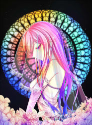 Rule 34 | 1girl, alternate costume, alternate hair color, black background, bridal veil, bride, dress, from side, frown, half-closed eyes, highres, long hair, megurine luka, morning (artist), pink hair, pointy nose, profile, purple eyes, see-through, simple background, solo, stained glass, veil, very long hair, vocaloid, wedding dress