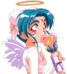 Rule 34 | 1girl, angel wings, aqua hair, choker, double bun, facial mark, forehead mark, halo, holding, holding wand, kajishima masaki, long sleeves, looking at viewer, lowres, mahou shoujo pretty sammy, official art, pink eyes, pretty sammy (character), simple background, smile, solo, upper body, wand, white background, wings