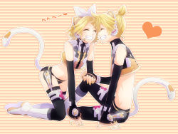 Rule 34 | 1boy, 1girl, bad id, bad pixiv id, blonde hair, boots, brother and sister, cat tail, cosplay, detached sleeves, grin, hair ornament, hair ribbon, headphones, heart, irono (irtyu), kagamine len, kagamine rin, kaito (vocaloid), kaito (cosplay), kemonomimi mode, midriff, navel, project diva, project diva (series), project diva 2nd, ribbon, short hair, siblings, sitting, smile, tail, thighhighs, twins, vocaloid