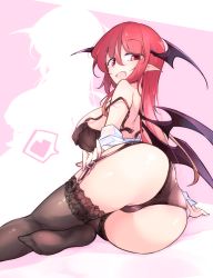 Rule 34 | 1girl, ass, back, bare shoulders, bat wings, black bra, black thighhighs, blush, bra, breasts, buckle, commentary request, demon girl, demon tail, demon wings, eyelashes, fang, fingernails, fumitsuki (minaduki 6), garter straps, gluteal fold, hair between eyes, hand on own thigh, head wings, heart, koakuma, lace, lace-trimmed legwear, lace trim, large breasts, long hair, looking at viewer, looking back, lying, on side, open bra, open clothes, open mouth, open shirt, pink background, pointy ears, red eyes, red hair, shiny skin, shirt, shoulder blades, sidelocks, spoken heart, tail, thighhighs, touhou, underwear, unfastened, white shirt, wings