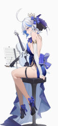 Rule 34 | 1girl, absurdres, ahoge, berserker r, blue dress, blue eyes, blue hair, bow, breasts, bridal gauntlets, closed mouth, dress, earrings, from side, full body, furina (genshin impact), genshin impact, hair bow, high heels, highres, holding, instrument, jewelry, looking down, multicolored hair, music stand, sideboob, sitting, small breasts, solo, staff (music), stool, streaked hair, thighs, violin, white hair